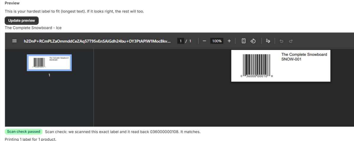 A print preview showing the label sheet with the scan check passed