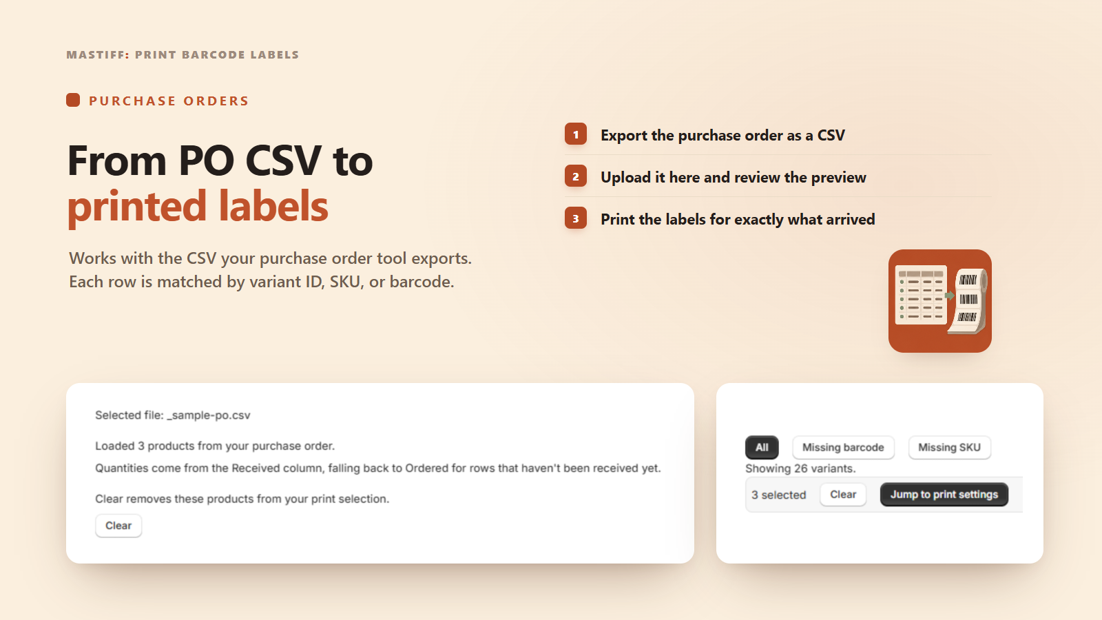 Printing labels straight from a purchase order CSV with column mapping