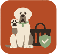 The Mastiff mascot holding a shopping bag behind a shield