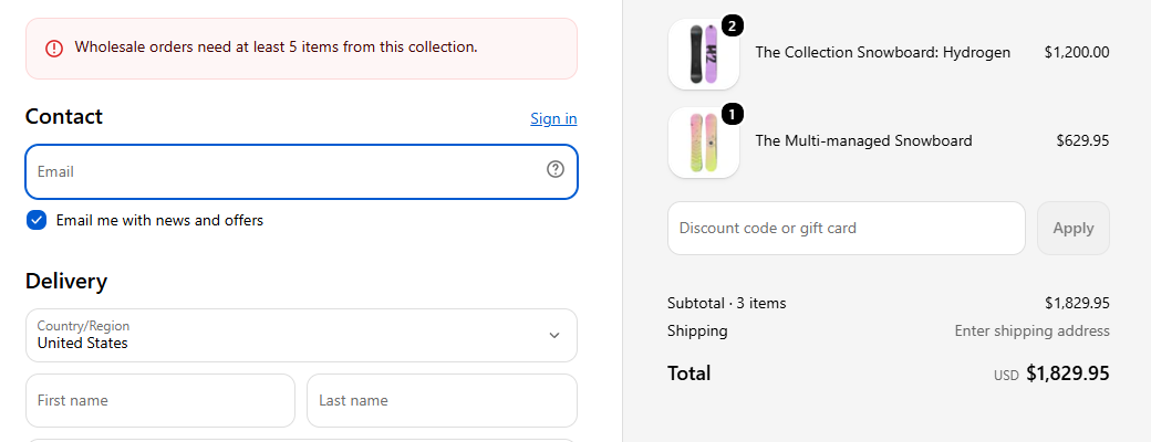 Shopify checkout showing a blocked order