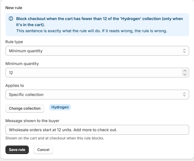 The Mastiff Order Limits rule builder with a minimum order amount being set