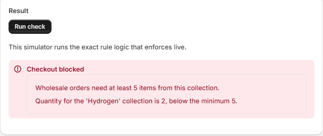 The simulator showing a test cart result against the active rules